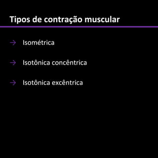 Tipos de contração muscular

→ Isométrica

→ Isotônica concêntrica

→ Isotônica excêntrica
 
