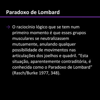 Paradoxo de Lombard

→ O raciocínio lógico que se tem num
  primeiro momento é que esses grupos
  musculares se neutralizassem
  mutuamente, anulando qualquer
  possibilidade de movimentos nas
  articulações dos joelhos e quadril. “Esta
  situação, aparentemente contraditória, é
  conhecida como o Paradoxo de Lombard”
  (Rasch/Burke 1977, 348).
 