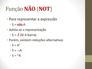 Função NÃO (NOT) 
•Para representar a expressão 
•S = não A 
•Adota-se a representação 
•S = 퐴 (lê A barra) 
•Porém, existem notações alternativas 
•S = A’ 
•S = ¬A 
•S = ~A  
