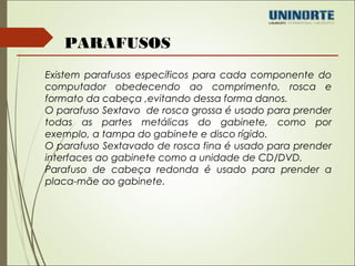 PARAFUSOS 
Existem parafusos específicos para cada componente do 
computador obedecendo ao comprimento, rosca e 
formato da cabeça ,evitando dessa forma danos. 
O parafuso Sextavo de rosca grossa é usado para prender 
todas as partes metálicas do gabinete, como por 
exemplo, a tampa do gabinete e disco rígido. 
O parafuso Sextavado de rosca fina é usado para prender 
interfaces ao gabinete como a unidade de CD/DVD. 
Parafuso de cabeça redonda é usado para prender a 
placa-mãe ao gabinete. 
 