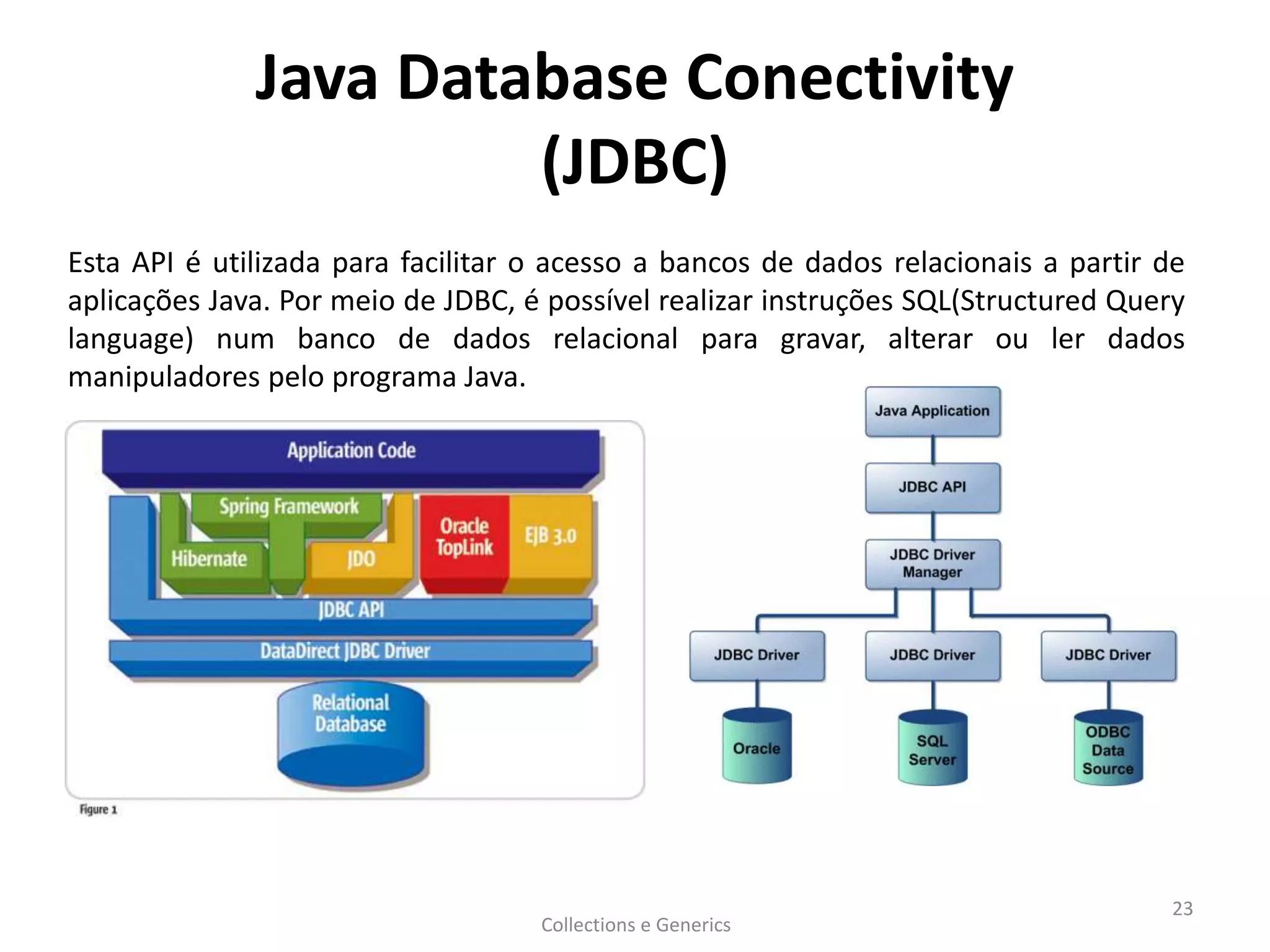 Java Database Conectivity
(JDBC)
Esta API é utilizada para facilitar o acesso a bancos de dados relacionais a partir de
aplicações Java. Por meio de JDBC, é possível realizar instruções SQL(Structured Query
language) num banco de dados relacional para gravar, alterar ou ler dados
manipuladores pelo programa Java.
Collections e Generics
23
 