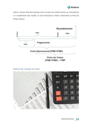 CONTABILIDADE 14
indica o tempo total da empresa entre compra de matéria-prima ou mercadorias
e o recebimento das vendas. O ciclo financeiro é melhor observado na linha do
tempo abaixo:
Índices de rotação do ativo
 