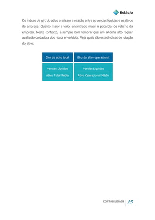 CONTABILIDADE 15
Os índices de giro do ativo analisam a relação entre as vendas líquidas e os ativos
da empresa. Quanto maior o valor encontrado maior o potencial de retorno da
empresa. Neste contexto, é sempre bom lembrar que um retorno alto requer
avaliação cuidadosa dos riscos envolvidos. Veja quais são estes índices de rotação
do ativo:
 