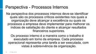 Perspectiva - Processos Internos
Na perspectiva dos processos internos deve-se identificar
quais são os processos críticos existentes nos quais a
organização deve alcançar a excelência ou quais os
processos a empresa deve implementar para melhorar os
índices de satisfação do cliente e alcançar resultados
financeiros superiores.
Os processo interno é a maneira como o trabalho é
executado em torno da empresa. Cada processo
operacional representa uma tarefa a ser executada, com
vistas à sobrevivência da organização.
10 27 May 2016
 