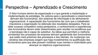 Perspectiva – Aprendizado e Crescimento
O fator humano dentro da organização é o que garante a implantação e
implementação da estratégia. Os vetores para o aprendizado e crescimento
derivam dos funcionários, dos sistemas de informação e do alinhamento
organizacional. A capacitação dos funcionários faz com que o trabalhador
impulsione a organização na obtenção dos resultados desejados. Para se
obter sucesso competitivo nesta perspectiva, o conhecimento e experiências
dos funcionários devem estar disseminados para resultar na excelência que
a tecnologia não é capaz de substituir. As idéias que permitem a melhoria
constantes dos processos da empresa derivam geralmente dos funcionários
que estão mais próximos dos processos e dos clientes. As mudanças nos
cenários das empresas exigem que haja investimentos na qualificação dos
funcionários para que eles possam mobilizar suas mentes e criatividade para
alcançar os objetivos organizacionais.
11 27 May 2016
 