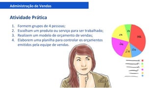 Administração de Vendas
Atividade Prática
1. Formem grupos de 4 pessoas;
2. Escolham um produto ou serviço para ser trabalhado;
3. Realizem um modelo de orçamento de vendas;
4. Elaborem uma planilha para controlar os orçamentos
emitidos pela equipe de vendas.
 