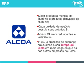 §Maior produtora mundial de
alumínio e produtos derivados do
alumínio;
§Cada unidade de negócio
possuia seus próprios SI;
§Muitos SI eram redundantes e
ineficiêntes;
§P. ex. O processo de cobrança
era custoso e seu Tempo de
Ciclo era mais longo do que os
das outras empresas do Setor.
ERP
 