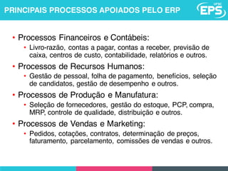 • Processos Financeiros e Contábeis:
• Livro-razão, contas a pagar, contas a receber, previsão de
caixa, centros de custo, contabilidade, relatórios e outros.
• Processos de Recursos Humanos:
• Gestão de pessoal, folha de pagamento, benefícios, seleção
de candidatos, gestão de desempenho e outros.
• Processos de Produção e Manufatura:
• Seleção de fornecedores, gestão do estoque, PCP, compra,
MRP, controle de qualidade, distribuição e outros.
• Processos de Vendas e Marketing:
• Pedidos, cotações, contratos, determinação de preços,
faturamento, parcelamento, comissões de vendas e outros.
PRINCIPAIS PROCESSOS APOIADOS PELO ERP
 