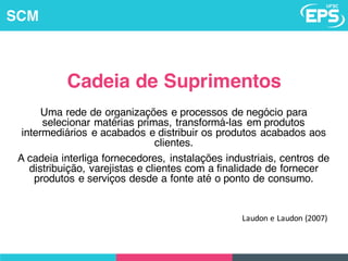 Cadeia de Suprimentos
Uma rede de organizações e processos de negócio para
selecionar matérias primas, transformá-las em produtos
intermediários e acabados e distribuir os produtos acabados aos
clientes.
A cadeia interliga fornecedores, instalações industriais, centros de
distribuição, varejistas e clientes com a finalidade de fornecer
produtos e serviços desde a fonte até o ponto de consumo.
Laudon e	Laudon (2007)
SCM
 