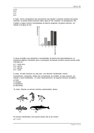 AULA 06
Página 3 de 6
a) W
b) X
c) Y
d) Z
8. (Uerj) Como consequência dos mecanismos que regulam a pressão osmótica dos peixes
marinhos, os peixes ósseos precisam beber água do mar, enquanto os cartilaginosos não.
O gráfico a seguir mostra a osmolaridade do plasma sanguíneo de peixes marinhos, em
relação à da água do mar.
A coluna do gráfico que representa a osmolaridade do plasma dos elasmobrânquios e a
substância orgânica importante para a manutenção da pressão osmótica nesses animais estão
indicadas em:
a) 1 - ácido úrico
b) 2 - glicina
c) 3 - glicose
d) 4 – ureia
9. (Uerj) As aves precisam ter, para voar, uma eficiente coordenação motora.
Considerando a proporção relativa dos componentes do encéfalo, as aves possuem, em
relação a outros vertebrados, um maior desenvolvimento da seguinte estrutura encefálica:
a) bulbo
b) cerebelo
c) hipotálamo
d) lobo frontal
10. (Uerj) Observe os animais marinhos representados abaixo:
Os animais classificados como peixes ósseos são os de número:
a) 1, 3 e 5
 