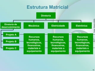 Estrutura Matricial
Fonte:Oliveira(2009).
10
Diretoria
Diretoria de
desenvolvimento
Mecânica Eletricidade Eletrônica
Recursos
humanos,
tecnológicos,
financeiros,
materiais e
equipamento
Recursos
humanos,
tecnológicos,
financeiros,
materiais e
equipamento
Recursos
humanos,
tecnológicos,
financeiros,
materiais e
equipamento
Projeto A
Projeto B
Projeto C
 