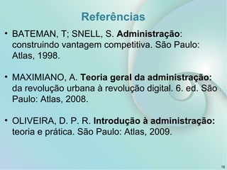 Referências
• BATEMAN, T; SNELL, S. Administração:
construindo vantagem competitiva. São Paulo:
Atlas, 1998.
• MAXIMIANO, A. Teoria geral da administração:
da revolução urbana à revolução digital. 6. ed. São
Paulo: Atlas, 2008.
• OLIVEIRA, D. P. R. Introdução à administração:
teoria e prática. São Paulo: Atlas, 2009.
16
 