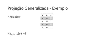 Projeção Generalizada - Exemplo
• Relação r
• 𝜋𝐴,𝐶∗10 𝑟 =?
A B C
a 10 1
a 20 1
b 30 1
b 40 2
 