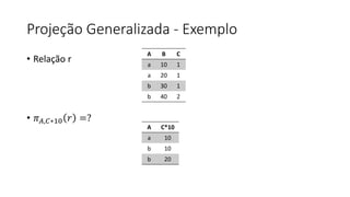 Projeção Generalizada - Exemplo
• Relação r
• 𝜋𝐴,𝐶∗10 𝑟 =?
A B C
a 10 1
a 20 1
b 30 1
b 40 2
A C*10
a 10
b 10
b 20
 