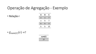 Operação de Agregação - Exemplo
• Relação r
• 𝒢𝑠𝑢𝑚 𝐶 𝑟 =?
A B C
a a 7
a b 7
b b 3
b b 10
sum(C)
27
 