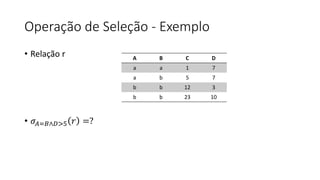 Operação de Seleção - Exemplo
• Relação r
• 𝜎𝐴=𝐵∧𝐷>5 𝑟 =?
A B C D
a a 1 7
a b 5 7
b b 12 3
b b 23 10
 