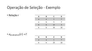 Operação de Seleção - Exemplo
• Relação r
• 𝜎𝐴=𝐵∧𝐷>5 𝑟 =?
A B C D
a a 1 7
a b 5 7
b b 12 3
b b 23 10
A B C D
a a 1 7
b b 23 10
 