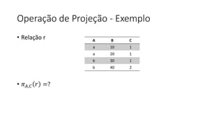 Operação de Projeção - Exemplo
• Relação r
• 𝜋𝐴,𝐶 𝑟 =?
A B C
a 10 1
a 20 1
b 30 1
b 40 2
 
