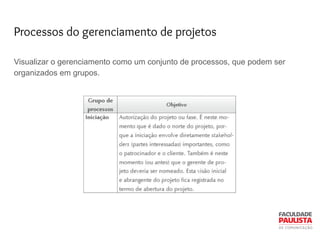 Processos do gerenciamento de projetos
Visualizar o gerenciamento como um conjunto de processos, que podem ser
organizados em grupos.
 