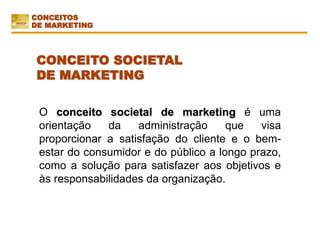 O conceito societal de marketing é uma
orientação da administração que visa
proporcionar a satisfação do cliente e o bem-
estar do consumidor e do público a longo prazo,
como a solução para satisfazer aos objetivos e
às responsabilidades da organização.
CONCEITO SOCIETAL
DE MARKETING
CONCEITOS
DE MARKETING
 