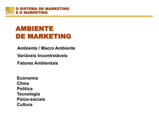 Ambiente / Macro Ambiente
Variáveis Incontroláveis
Fatores Ambientais
Economia
Clima
Política
Tecnologia
Psico-sociais
Cultura
AMBIENTE
DE MARKETING
O SISTEMA DE MARKETING
E O MARKETING
 