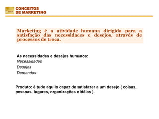 Produto: é tudo aquilo capaz de satisfazer a um desejo ( coisas,
pessoas, lugares, organizações e idéias ).
Marketing é a atividade humana dirigida para a
satisfação das necessidades e desejos, através de
processos de troca.
As necessidades e desejos humanos:
Necessidades
Desejos
Demandas
CONCEITOS
DE MARKETING
 