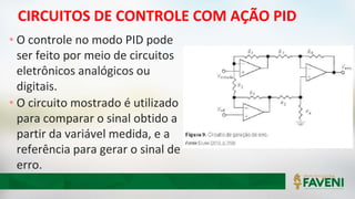 CIRCUITOS DE CONTROLE COM AÇÃO PID
• O controle no modo PID pode
ser feito por meio de circuitos
eletrônicos analógicos ou
digitais.
• O circuito mostrado é utilizado
para comparar o sinal obtido a
partir da variável medida, e a
referência para gerar o sinal de
erro.
 