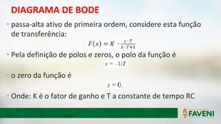 DIAGRAMA DE BODE
• passa-alta ativo de primeira ordem, considere esta função
de transferência:
• Pela definição de polos e zeros, o polo da função é
• o zero da função é
• Onde: K é o fator de ganho e T a constante de tempo RC
 
