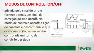 MODOS DE CONTROLE: ON/OFF
• ativada pelo sinal de erro e
fornece apenas um sinal de
correção do tipo on/off. No
modo de controle on/off; a ação
de controle é descontínua, o que
ocasiona oscilações na variável
controlada em torno da
condição desejada
 