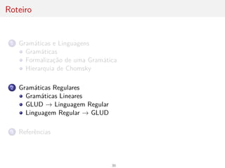 Roteiro
1 Gramáticas e Linguagens
Gramáticas
Formalização de uma Gramática
Hierarquia de Chomsky
2 Gramáticas Regulares
Gramáticas Lineares
GLUD → Linguagem Regular
Linguagem Regular → GLUD
3 Referências
30
 