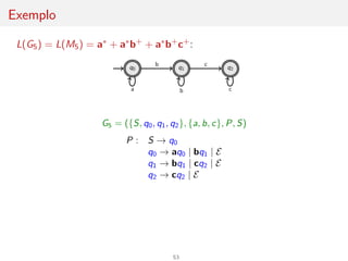 Exemplo
L(G5) = L(M5) = a∗ + a∗b+ + a∗b+c+:
q0 q1 q2
a
b
b
c
c
G5 = ({S, q0, q1, q2}, {a, b, c}, P, S)
P : S → q0
q0 → aq0 | bq1 | E
q1 → bq1 | cq2 | E
q2 → cq2 | E
53
 