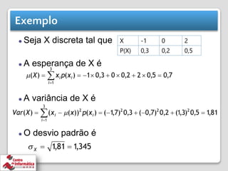 Exemplo
⚫ Seja X discreta tal que
⚫ A esperança de X é
⚫ A variância de X é
⚫ O desvio padrão é
X -1 0 2
P(X) 0,3 0,2 0,5
 