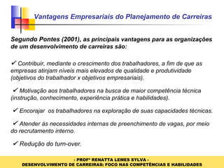 Vantagens Empresariais do Planejamento de Carreiras Segundo Pontes (2001), a s principais vantagens para as organizações de um desenvolvimento de carreiras são:    Contribuir, mediante o crescimento dos trabalhadores, a fim de que as empresas atinjam níveis mais elevados de qualidade e produtividade (objetivos do trabalhador x objetivos empresariais).      Motivação aos trabalhadores na busca de maior competência técnica (instrução, conhecimento, experiência prática e habilidades).      Encorajar  os trabalhadores na exploração de suas capacidades técnicas.      Atender às necessidades internas de preenchimento de vagas, por meio do recrutamento interno.      Redução do turn-over. 