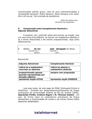 4
transitividade admite graus, indo do zero (intransitividade) à
necessidade absoluta: Pedro dançava. Maria dançava uma valsa.
Ela é útil ao pai. Tem precisão de assistência.
(Zélio dos Santos Jota -
Dicionário de Lingüística)
5. Comparação entre Complemento Nominal e
Adjunto Adnominal.
É possível, sim, confundir estes dois termos na oração, mas
um uma única circunstância: se houver um substantivo abstrato e
se o termo relacionado a ele estiver preposicionado. Veja como
diferenciá-los:
A defesa do réu pela advogada foi eficaz.
(compl.nom.) (adj.adn.)
passivo ativo
Resumindo:
Adjunto Adnominal Complemento Nominal
refere-se a substantivo
concreto ou abstrato
refere-se apenas a
substantivo abstrato
preposicionado apenas
quando representado por
locução adjetiva
sempre com preposição
apresenta noção ATIVA apresenta noção PASSIVA
Leia esse texto, da web page do PEAD (Português Ensino à
Distância) - formado por pesquisadores/professores de língua
portuguesa da Universidade Federal do Rio de Janeiro (UFRJ),
Aparecida Pinilla, Cristina Rigoni e M. Thereza Indiani - em
que, de forma clara os respeitáveis estudiosos da língua
apresentam a transitividade de verbos e de nomes (foram feitas
pequenas adaptações).
 