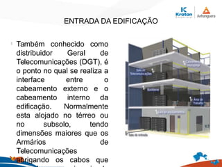 ENTRADA DA EDIFICAÇÃO
l
Também conhecido como
distribuidor Geral de
Telecomunicações (DGT), é
o ponto no qual se realiza a
interface entre o
cabeamento externo e o
cabeamento interno da
edificação. Normalmente
esta alojado no térreo ou
no subsolo, tendo
dimensões maiores que os
Armários de
Telecomunicações
abrigando os cabos que
 