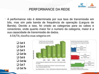 PERFORMANCE DA REDE
l
A performance não é determinada por sua taxa de transmissão em
bits, mas sim pela banda de frequência de operação (Largura de
Banda). Devido a isso, foi criado as categorias para os cabos e
conectores, onde quanto maior for o numero da categoria, maior é a
sua capacidade de transmissão de dados.
 