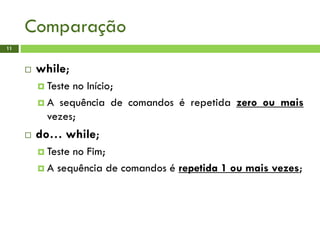 Comparação
11
 while;
 Teste no Início;
 A sequência de comandos é repetida zero ou mais
vezes;
 do… while;
 Teste no Fim;
 A sequência de comandos é repetida 1 ou mais vezes;
 