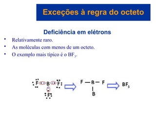 Capítulo 08
© 2005 by Pearson Education
Deficiência em elétrons
• Relativamente raro.
• As moléculas com menos de um octeto.
• O exemplo mais típico é o BF3.
Exceções à regra do octeto
 