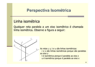 Linha isométrica
Qualquer reta paralela a um eixo isométrico é chamada
linha isométrica. Observe a figura a seguir:
As retas r, s, t e u são linhas isométricas:
• r e s são linhas isométricas porque são paralelas
ao eixo y
• t é isométrica porque é paralela ao eixo z
• u é isométrica porque é paralela ao eixo x
Perspectiva Isométrica
22
 