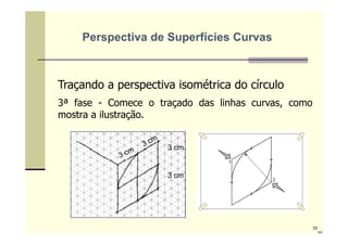 Traçando a perspectiva isométrica do círculo
3ª fase - Comece o traçado das linhas curvas, como
mostra a ilustração.
3 cm
3 cm
Perspectiva de Superfícies Curvas
33
33
 