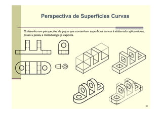 O desenho em perspectiva de peças que contenham superfícies curvas é elaborado aplicando-se,
passo a passo, a metodologia já exposta.
Perspectiva de Superfícies Curvas
38
 