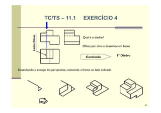 TC/TS – 11.1 EXERCÍCIO 4
LinhaCheia
Qual é o diedro?
Olhou por cima e desenhou em baixo
Conclusão 1º Diedro
Desenhando o esboço em perspectiva, colocando a frente no lado indicado
42
 