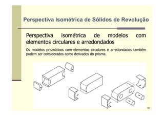 Perspectiva isométrica de modelos com
elementos circulares e arredondados
Os modelos prismáticos com elementos circulares e arredondados também
podem ser considerados como derivados do prisma.
Perspectiva Isométrica de Sólidos de Revolução
69
 