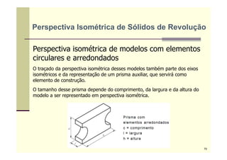 Perspectiva isométrica de modelos com elementos
circulares e arredondados
O traçado da perspectiva isométrica desses modelos também parte dos eixos
isométricos e da representação de um prisma auxiliar, que servirá como
elemento de construção.
O tamanho desse prisma depende do comprimento, da largura e da altura do
modelo a ser representado em perspectiva isométrica.
Perspectiva Isométrica de Sólidos de Revolução
70
 