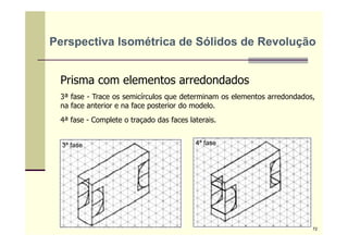 Prisma com elementos arredondados
3ª fase - Trace os semicírculos que determinam os elementos arredondados,
na face anterior e na face posterior do modelo.
4ª fase - Complete o traçado das faces laterais.
3ª fase 4ª fase
Perspectiva Isométrica de Sólidos de Revolução
72
 
