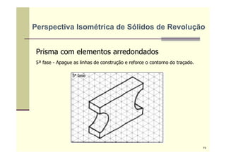 Prisma com elementos arredondados
5ª fase - Apague as linhas de construção e reforce o contorno do traçado.
5ª fase
Perspectiva Isométrica de Sólidos de Revolução
73
 