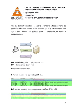 CENTRO UNIVERSITÁRIO DE CAMPO GRANDE
TECNOLOGIA EM REDES DE COMPUTADORES
Segurança em redes
5º SEMESTRE
PROFESSOR CARLOS RICARDO BERNAL VEIGA
Para o próximo Comando é necessário entender o estabelecimento de
conexão entre um cliente e um servidor via TCP, abaixo está uma
figura que mostra os passos para a sincronização entre 2
computadores:
ACK = Acknowledgement (Reconhecimento)
SYN = Synchronize (Sincronizar)
Estabelecimento de conexões
1. O cliente envia um pacote com a flag SYN ativa;
2. O servidor responde com um pacote com as flags SYN + ACK;
5
 