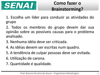 Prof. Brenno Ferreira de Souza – Engenheiro Metalúrgico
Como fazer o
Brainstorming?
1. Escolha um líder para conduzir as atividades do
grupo
2. Todos os membros do grupo devem dar sua
opinião sobre as possíveis causas para o problema
analisado.
3. Nenhuma idéia deve ser criticada.
4. As idéias devem ser escritas num quadro.
5. A tendência de culpar pessoas deve ser evitada.
6. Utilização de carona.
7. Quantidade é qualidade.
12
 