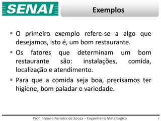Prof. Brenno Ferreira de Souza – Engenheiro Metalúrgico
Exemplos
 O primeiro exemplo refere-se a algo que
desejamos, isto é, um bom restaurante.
 Os fatores que determinam um bom
restaurante são: instalações, comida,
localização e atendimento.
 Para que a comida seja boa, precisamos ter
higiene, bom paladar e variedade.
6
 