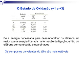 O Estado de Oxidação (+1 e +3)

Se a energia necessária para desemparelhar os elétrons for
maior que a energia liberada na formação da ligação, então os
elétrons permanecerão emparelhados
Os compostos univalentes do tálio são mais estáveis

 